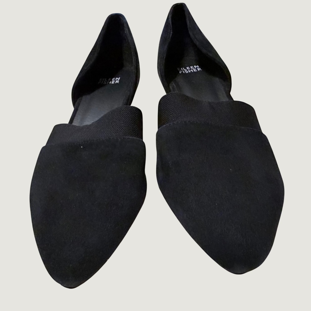 Eileen Fisher Black Suede Pointed Toe D'Orsay Elastic Strap Block Heel Pumps 7.5 - Picture 9 of 16